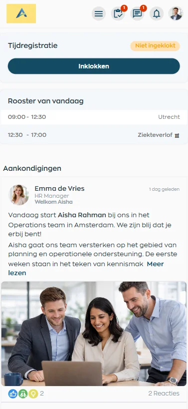 Dashboard of the WorkVine Employee App with schedule, actions and updates
