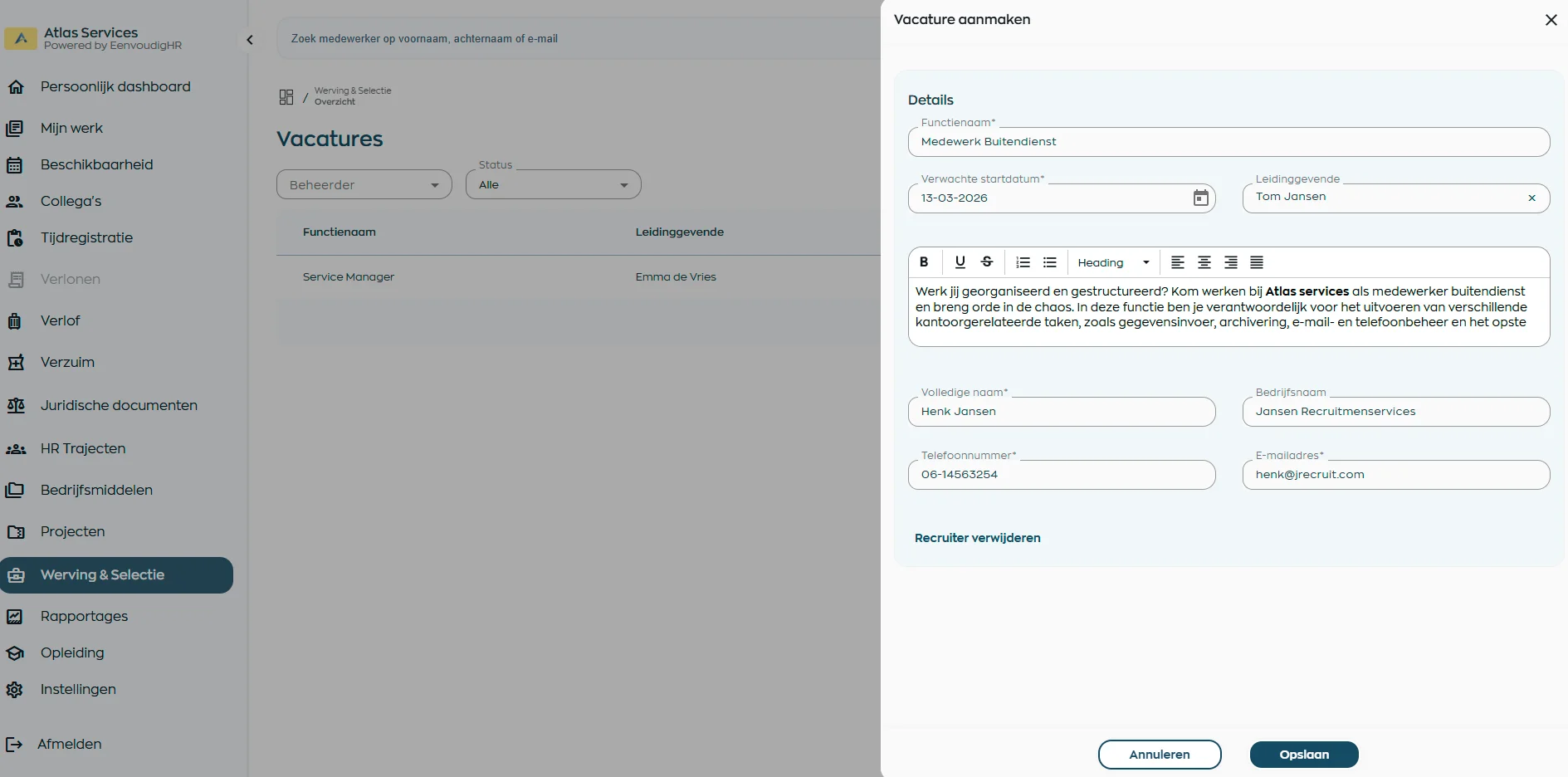 Create a vacancy in WorkVine