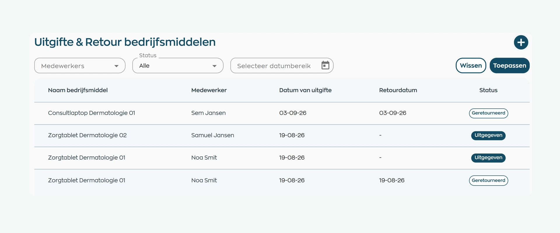 Issue and return overview in WorkVine showing the employee, issue date, return date and status of each record