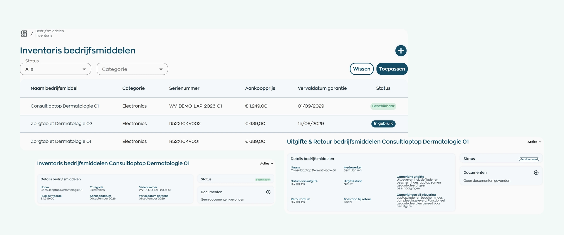 Company assets in WorkVine showing inventory, item details and a completed return record