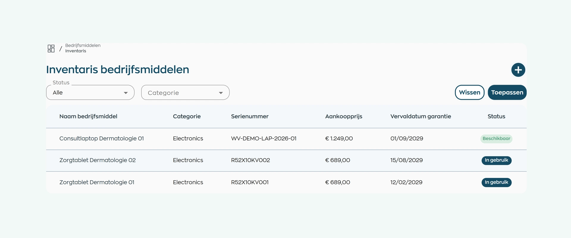Company asset inventory in WorkVine showing categories, serial numbers and different availability statuses
