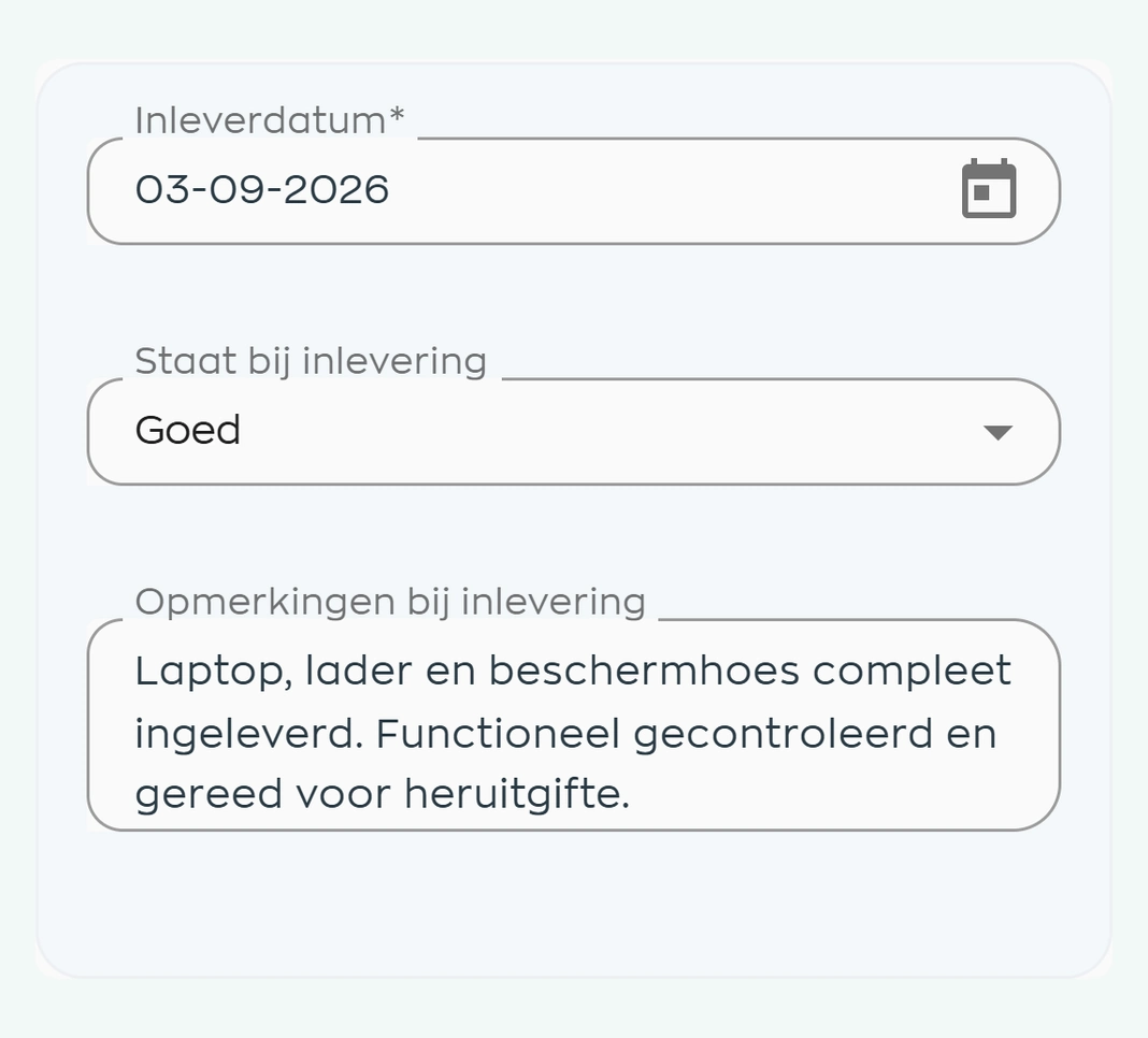 Laptop return record showing the return date, condition and notes confirming all accessories were returned