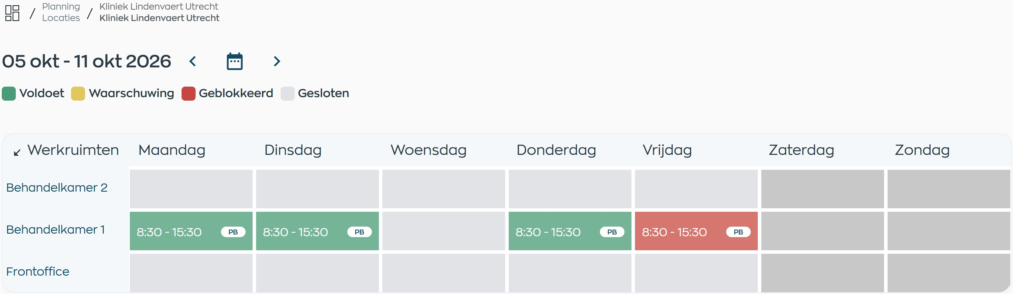 Capacity overview showing workspaces, work blocks and staffing statuses