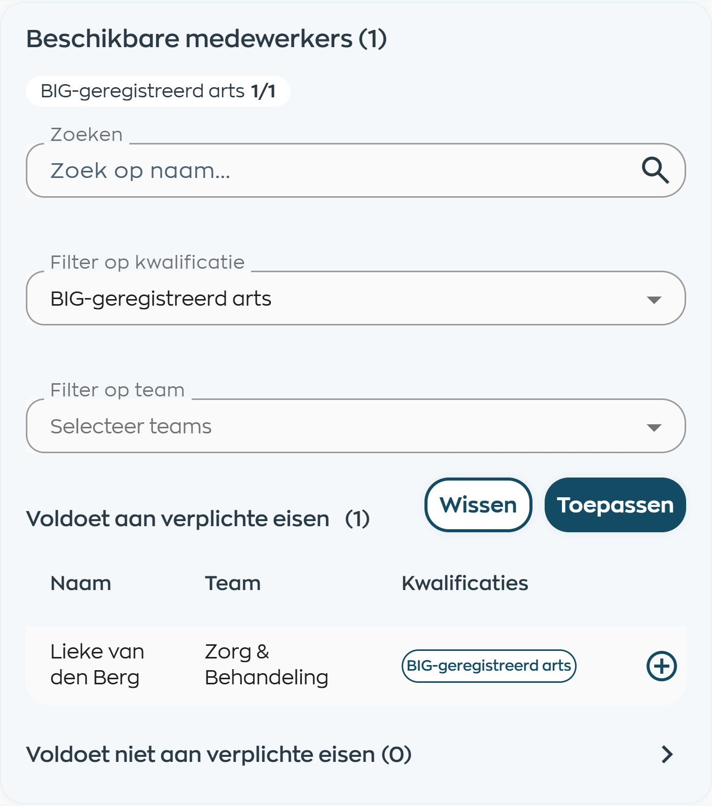 Employee search by name, qualification and team in WorkVine, showing a BIG-registered doctor as a suitable candidate