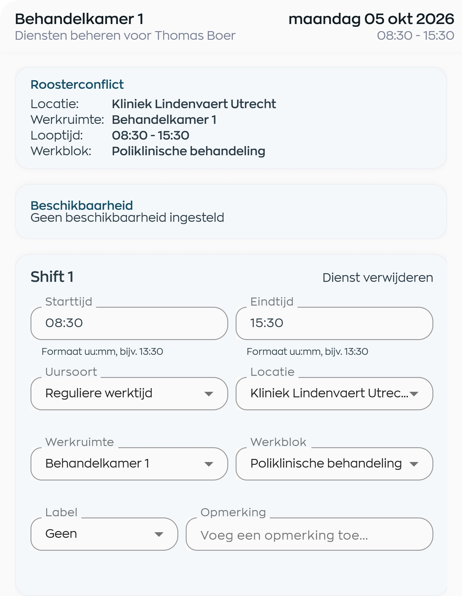 Reviewing a scheduling conflict and managing an employee's shift, with location, workspace, activity and working hours in one screen