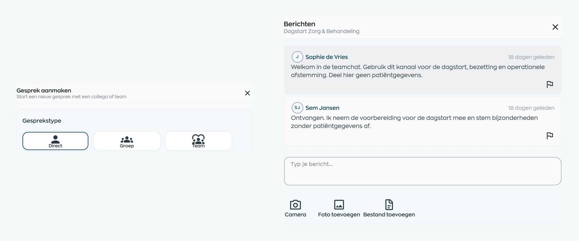 Direct, group, and team chat options alongside a team conversation between two employees in WorkVine