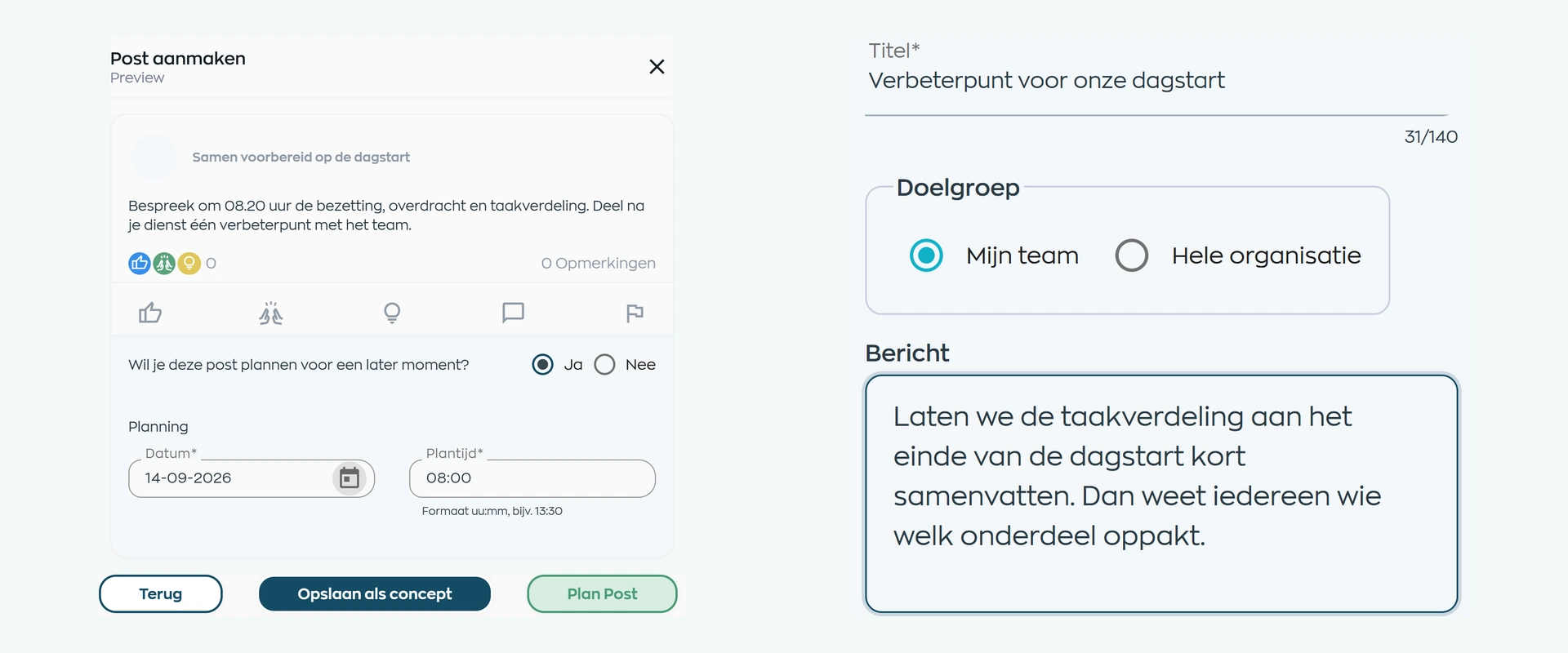 Preview of a scheduled Office update alongside publishing to a team from the WorkVine Employee App