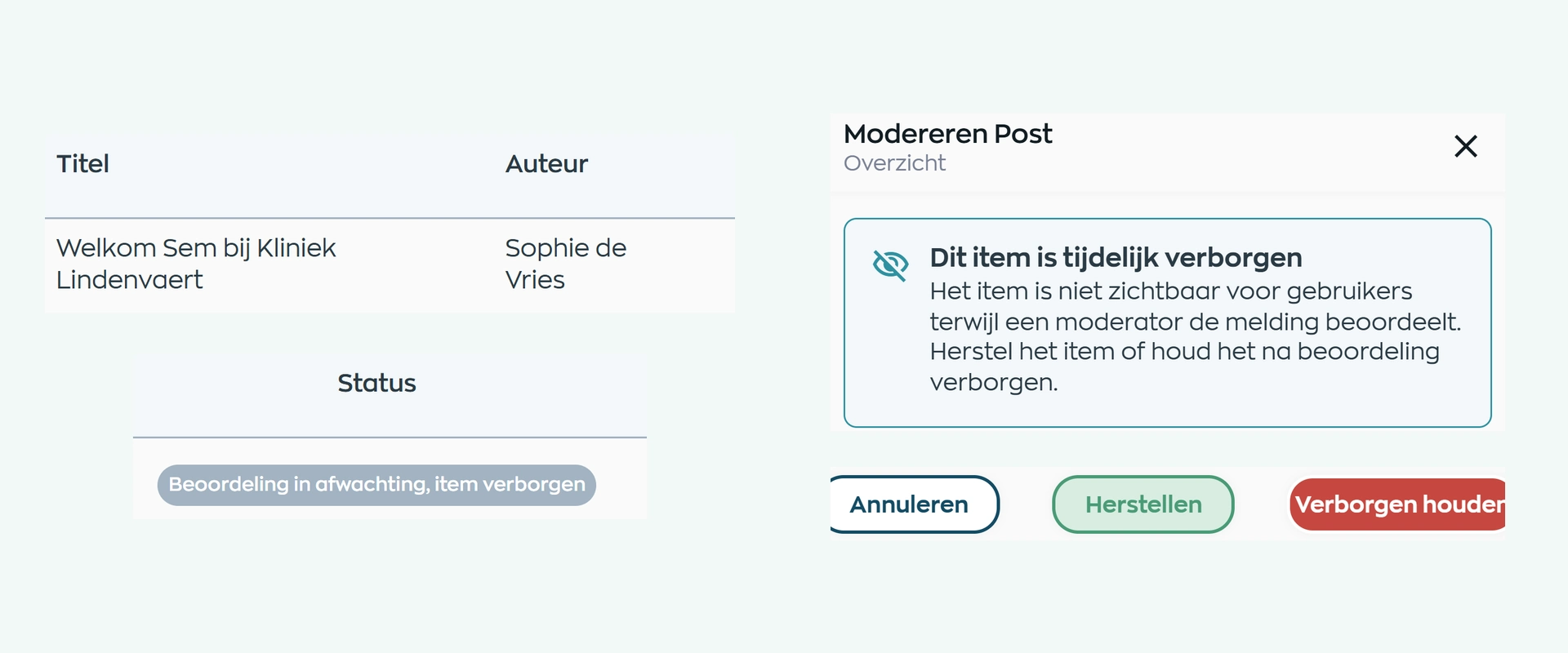 Moderation overview and details of a temporarily hidden community post, with restore and keep-hidden actions in WorkVine Office