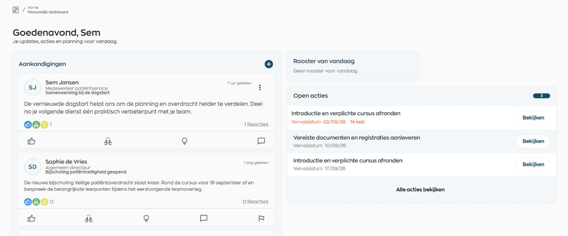 Employee dashboard showing a team update, schedule, and open tasks in the WorkVine Employee App