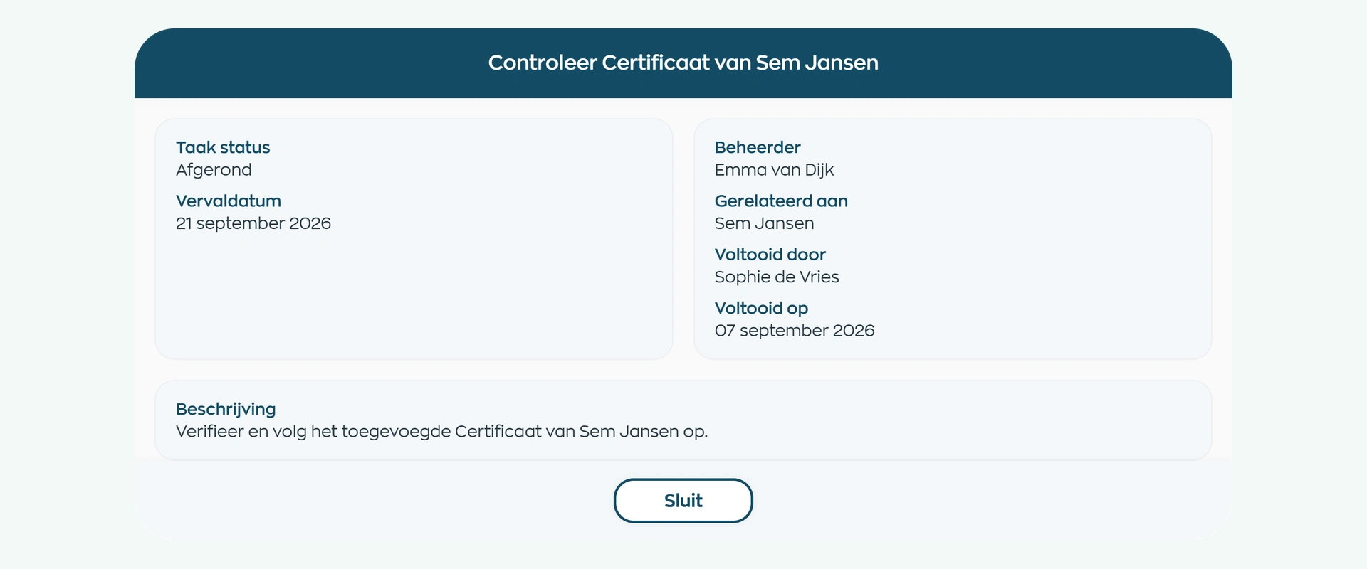 Completed document review with the employee, owner and completion date in the WorkVine Office App