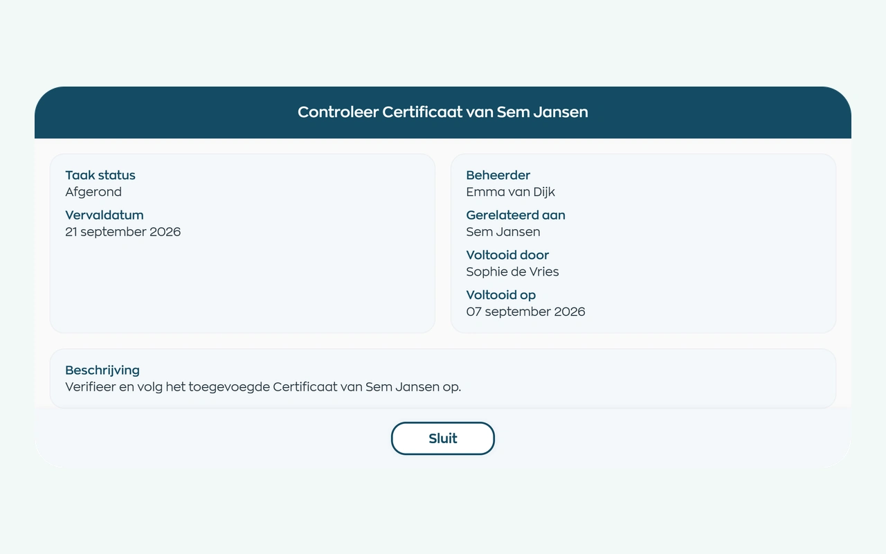Completed document check in Office, showing the reviewer and completion date