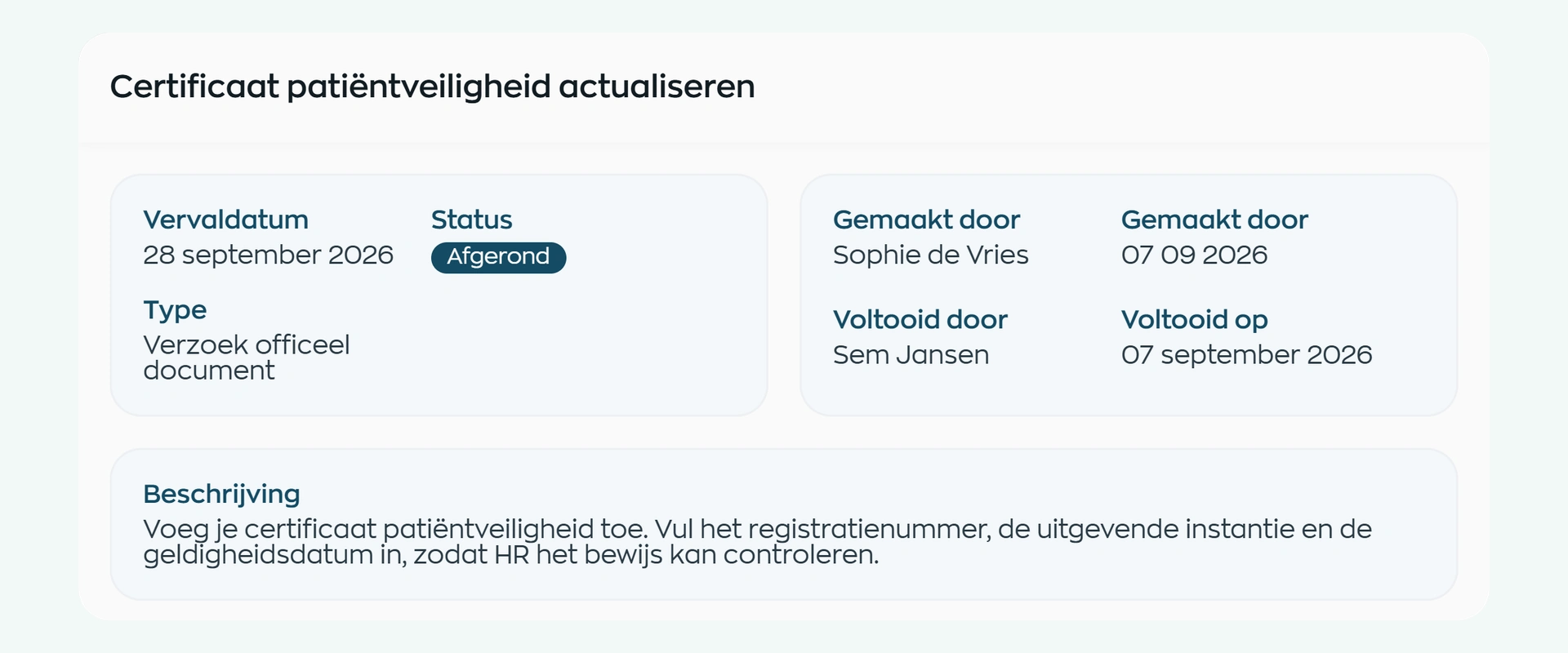 A certificate request with document type, title and instructions in WorkVine