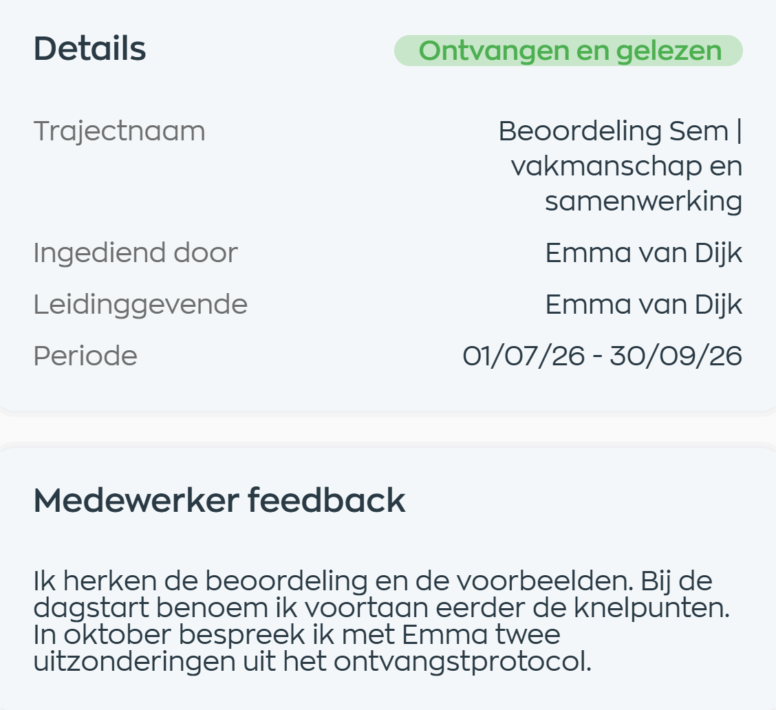 The Employee App shows the acknowledged appraisal and Sem’s written response