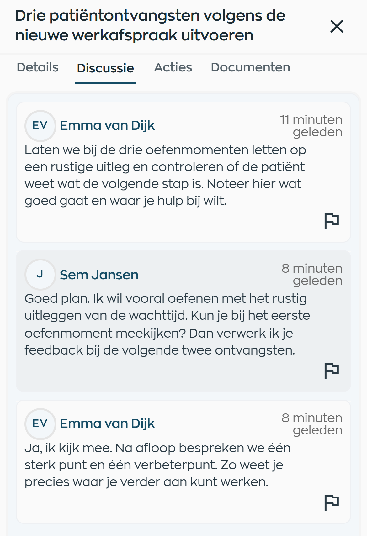 An employee and manager exchange feedback in the chat attached to a development milestone