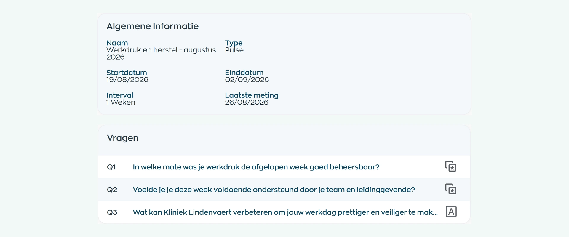 WorkVine Pulse survey on workload and recovery, with questions, schedule and settings