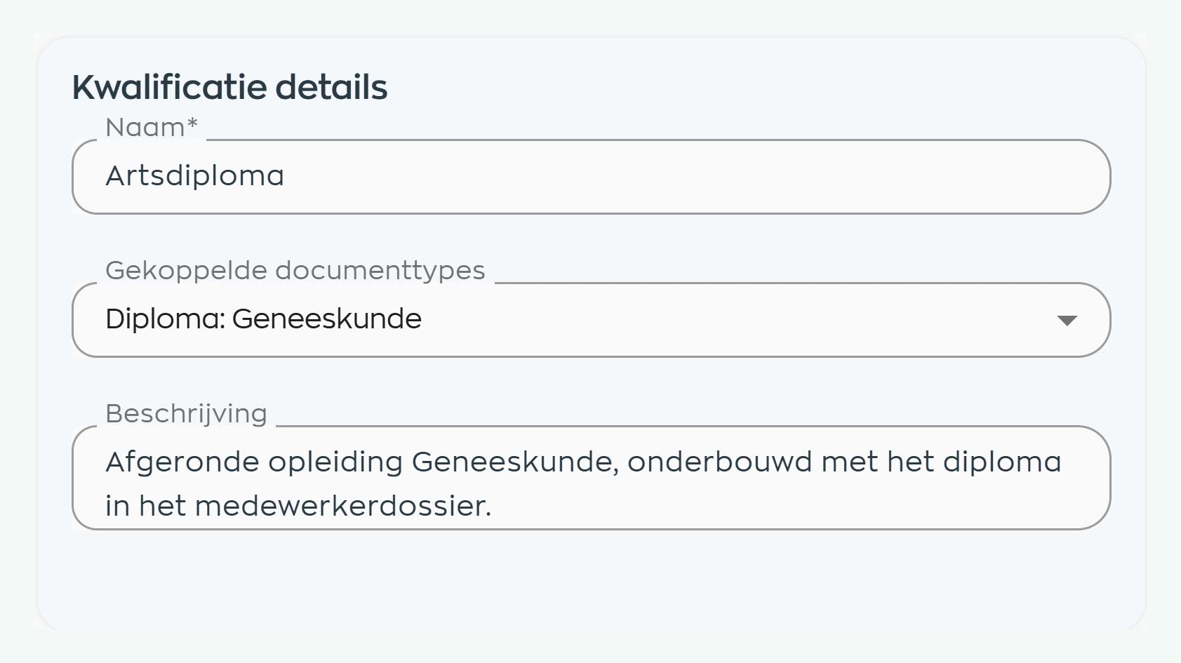 Saved Medical degree qualification linked to its supporting document type in WorkVine Office