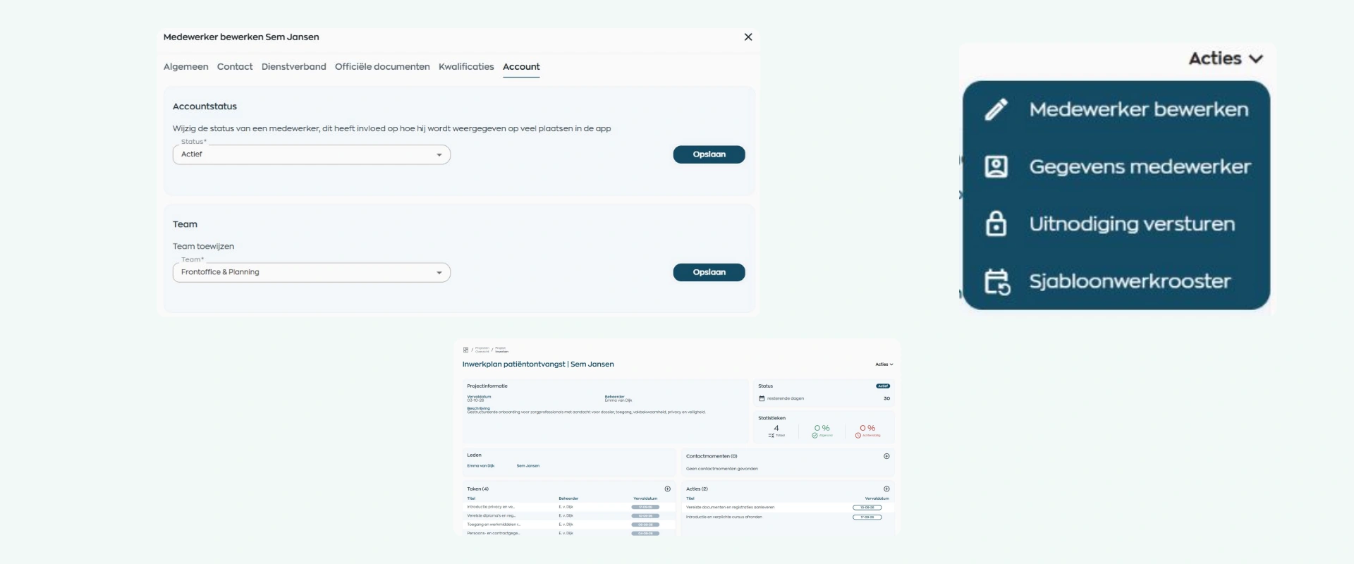 Employee account status, team, invitation action and induction tasks in WorkVine
