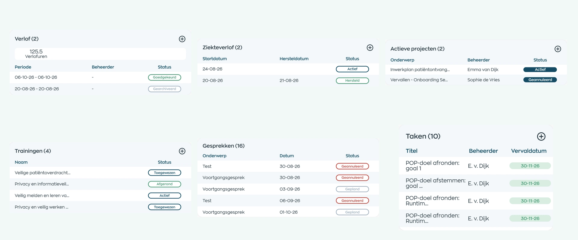 WorkVine employee record with scheduling, leave, sick leave, tasks, projects, conversations and training