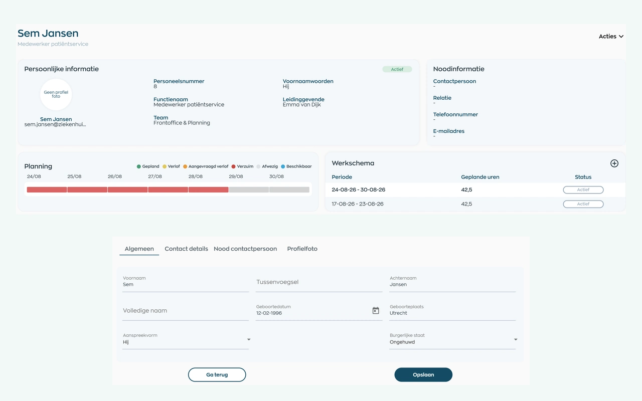 WorkVine employee record with team, job role, schedule, work pattern, tasks and HR context