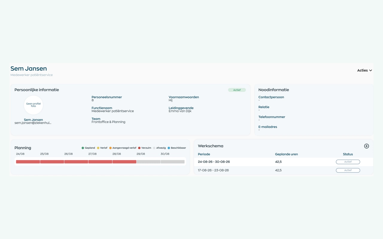 Employee profile showing role, team, schedule and linked actions