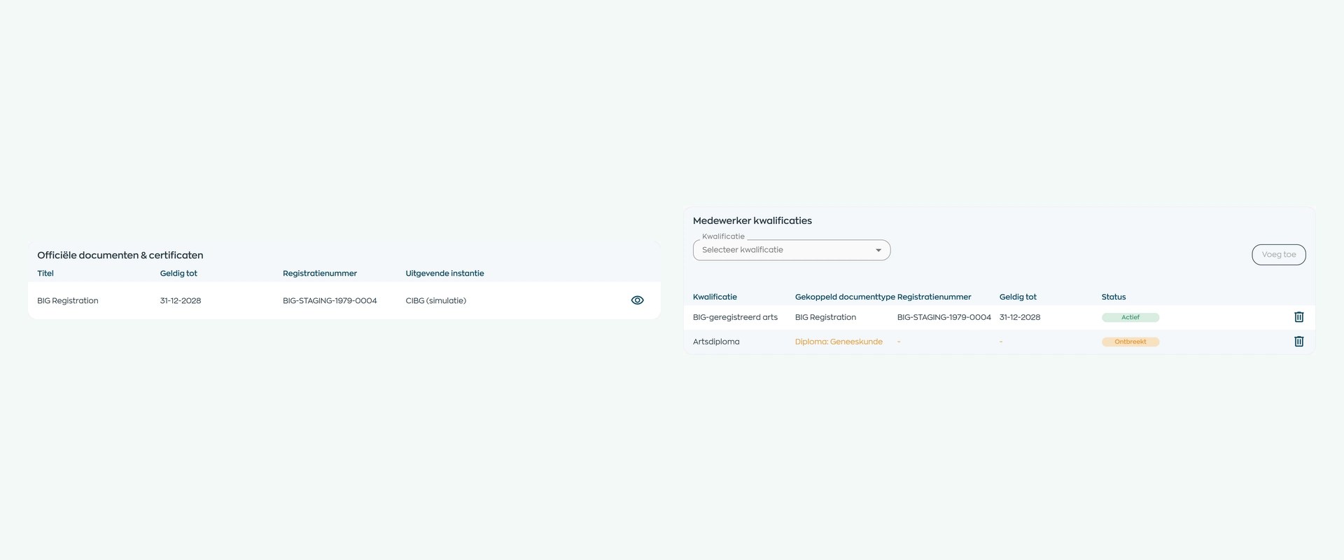 Official evidence with an expiry date and linked qualification status in WorkVine
