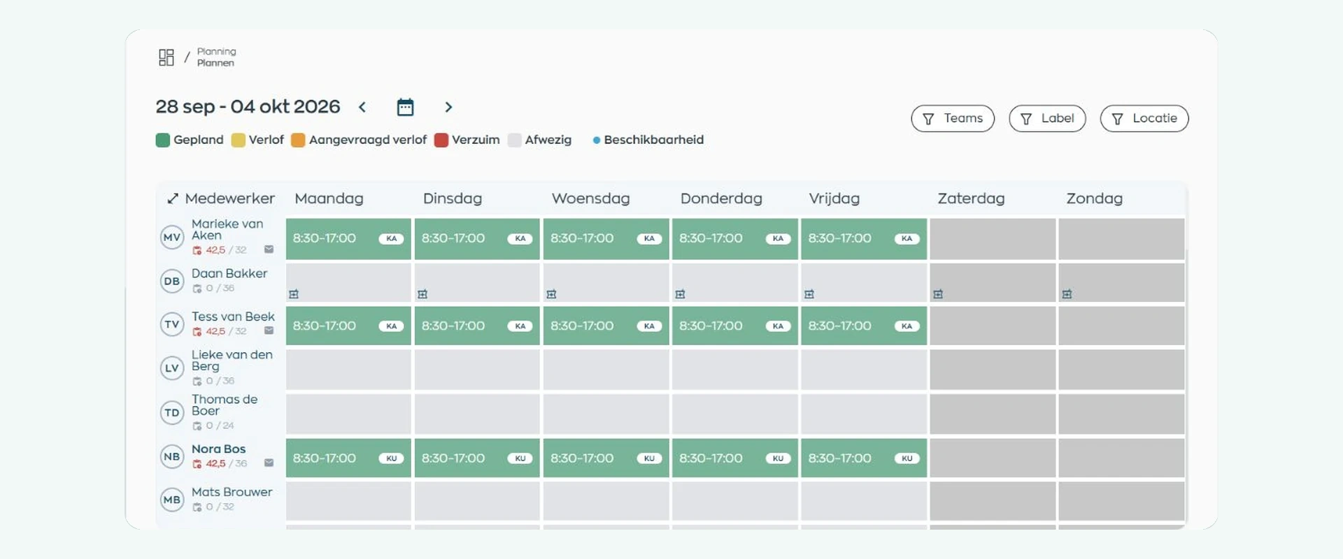 Weekly schedule showing employees, shifts, contracted hours, leave and sick leave in WorkVine
