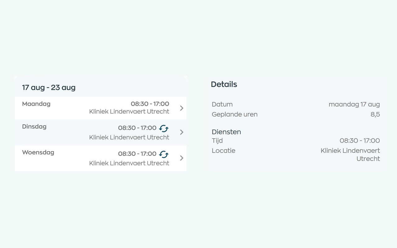 Employee App showing a weekly schedule and the details of a selected shift