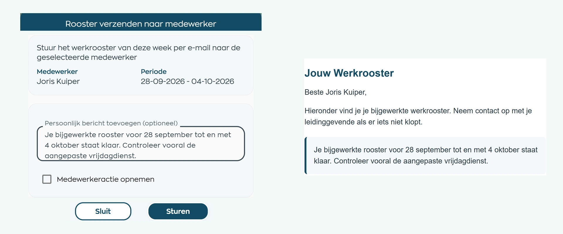 WorkVine window for sending a schedule period and the received email for that same period