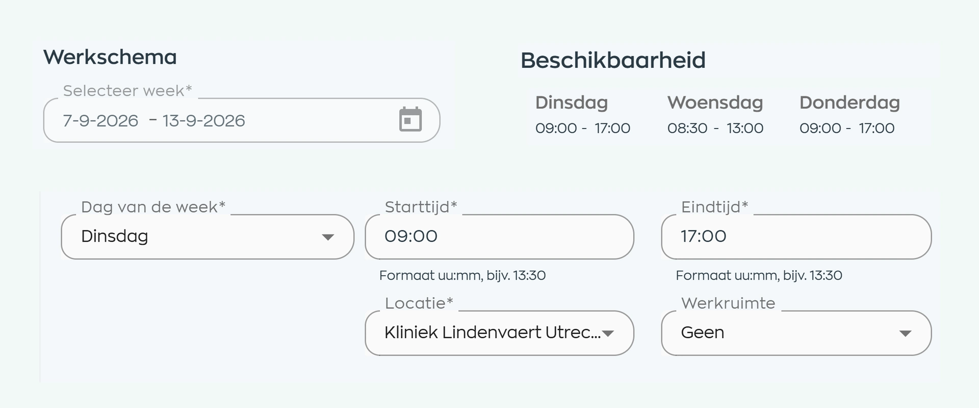 Work schedule with working pattern, availability, times and locations in WorkVine