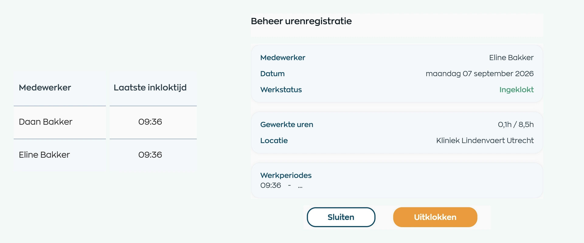 Two colleagues clocked in at Kliniek Lindenvaert, alongside Eline’s active work session in the Location App