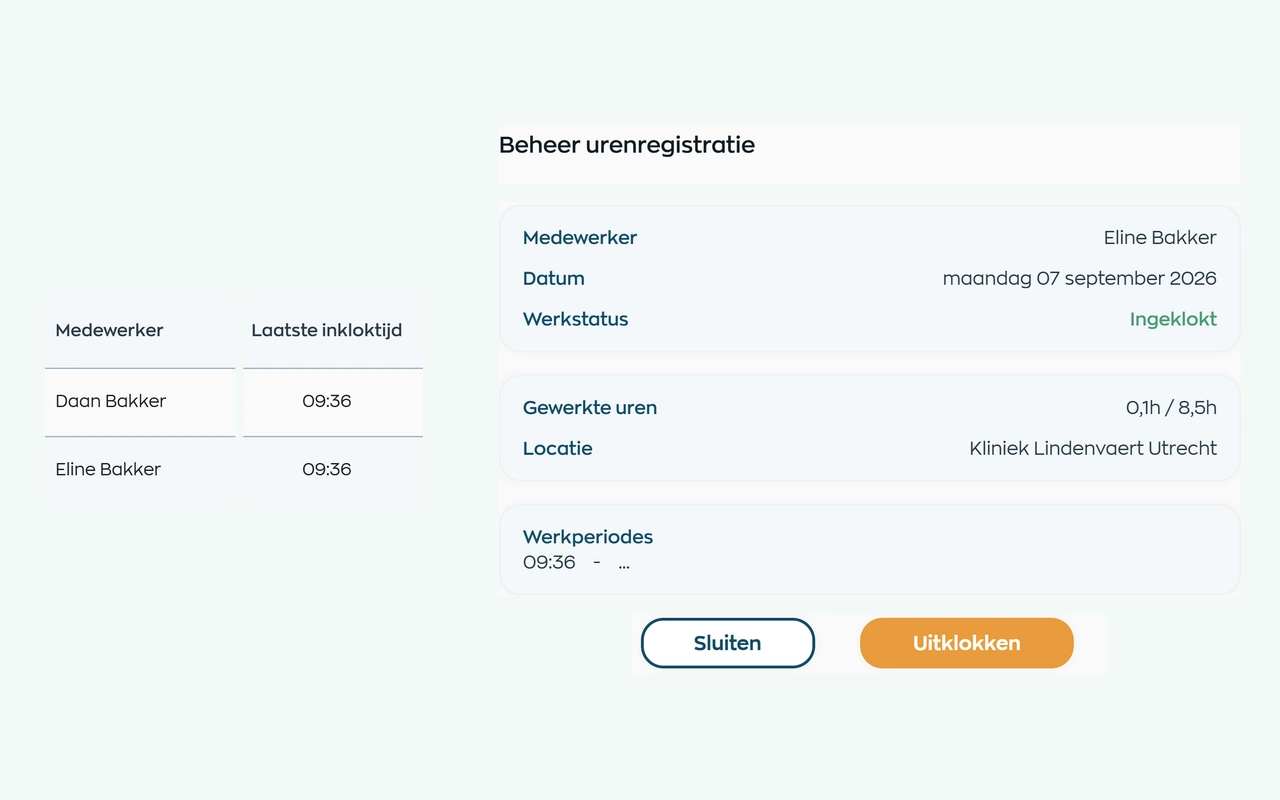 Two colleagues clocked in at Kliniek Lindenvaert, alongside Eline’s active work session in the Location App
