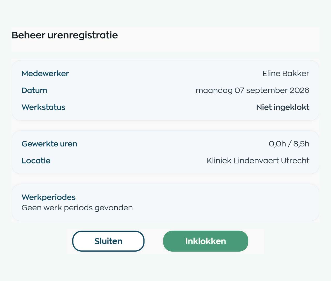 Eline Bakker’s clock-in screen, showing her scheduled site, scheduled hours and the Clock in button