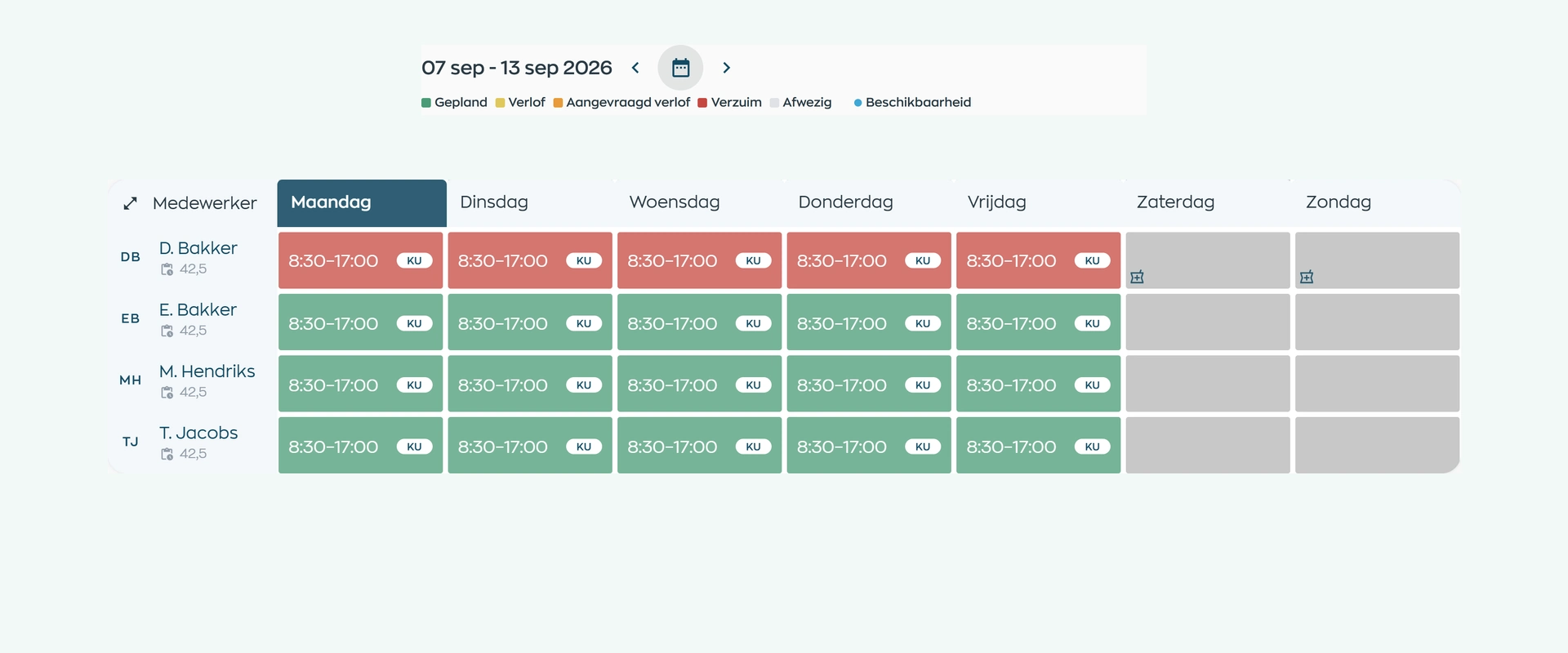 Location App weekly schedule showing shifts, working hours and sites for several employees