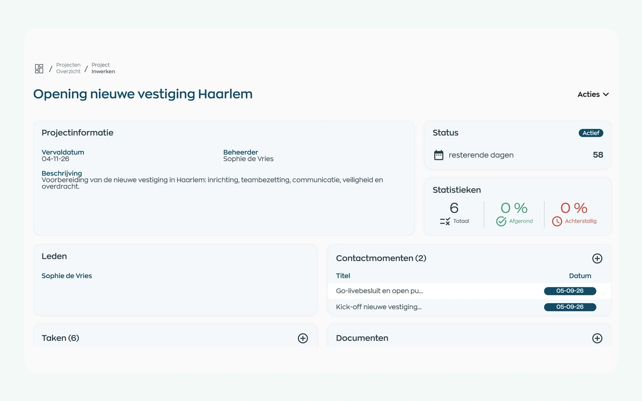 A WorkVine project for opening a new branch, showing project information and contact notes