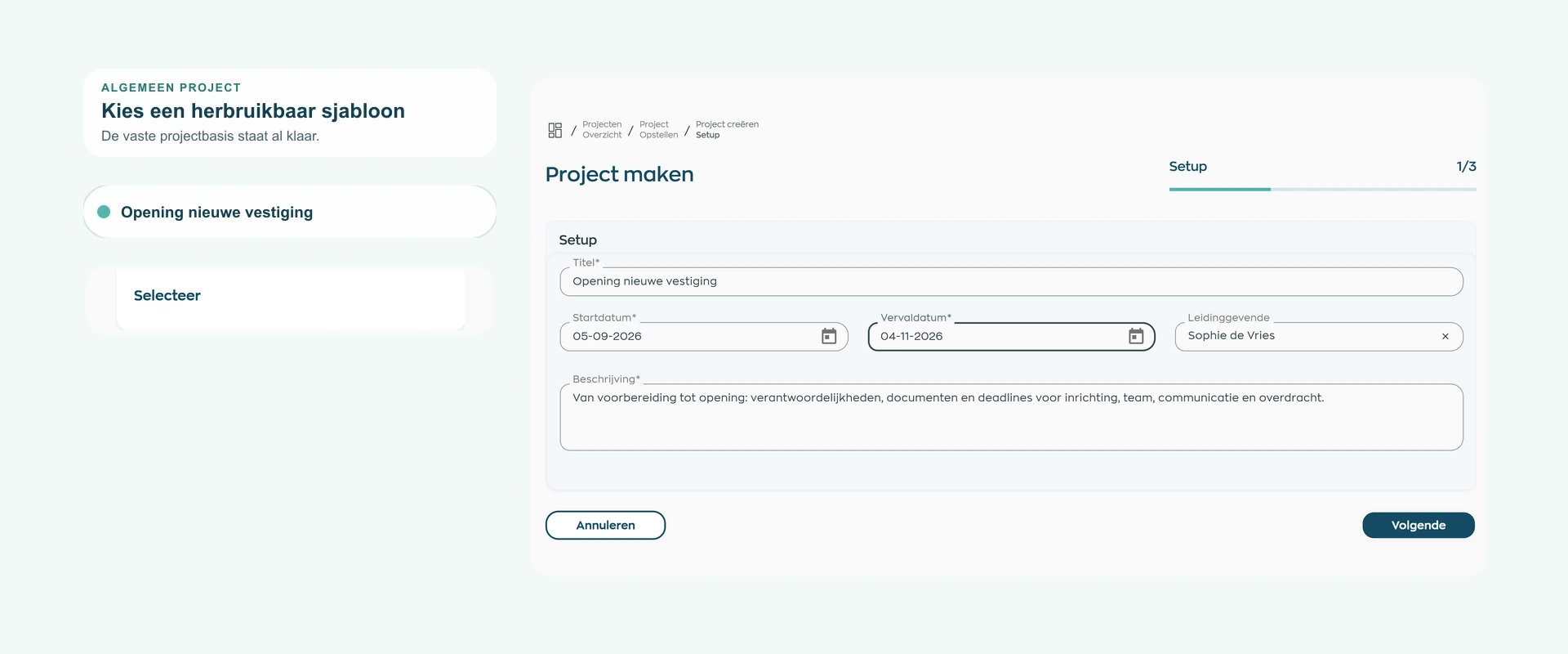 Start an internal project from a reusable project template in WorkVine