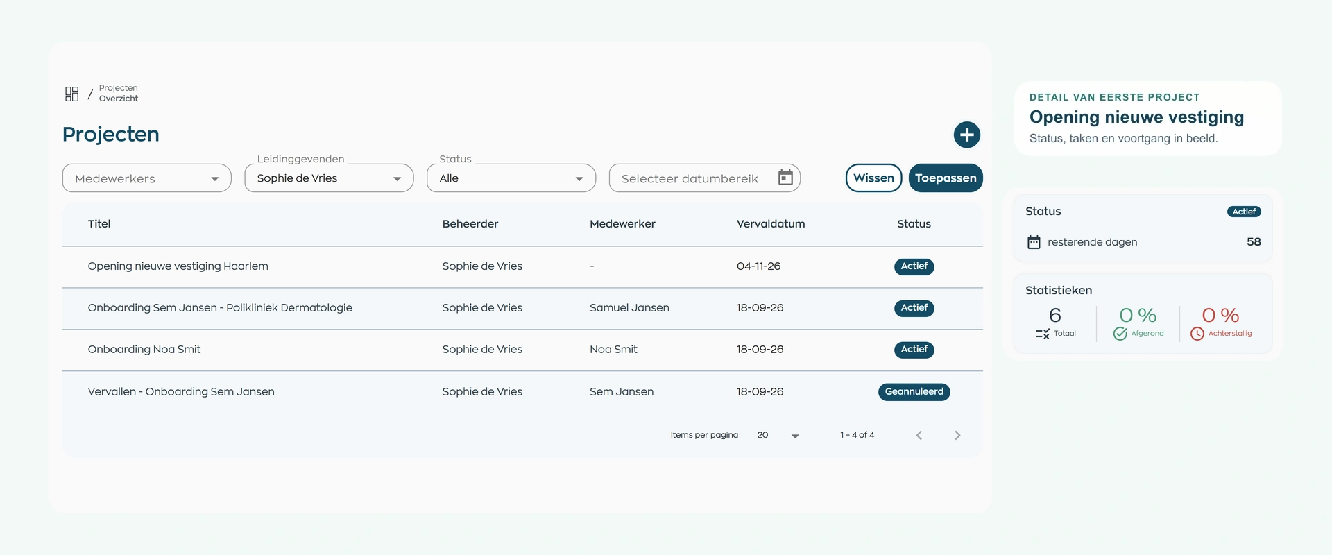 Project overview in WorkVine showing status, owners, deadlines and progress