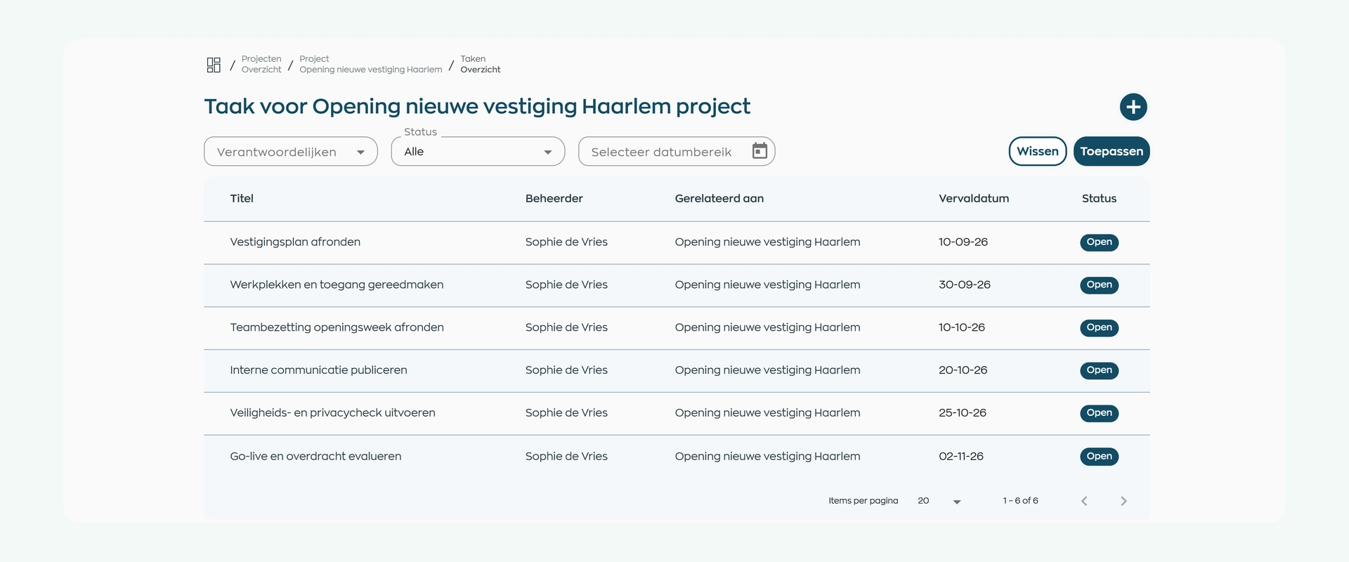 WorkVine project tasks for a new branch, with owners, deadlines and status