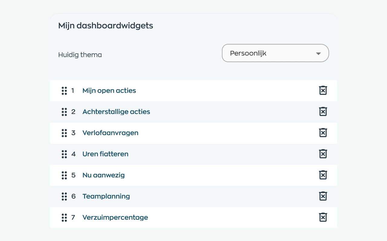 Personal Office dashboard settings with a theme and reorderable widgets for actions, leave, hours and team planning