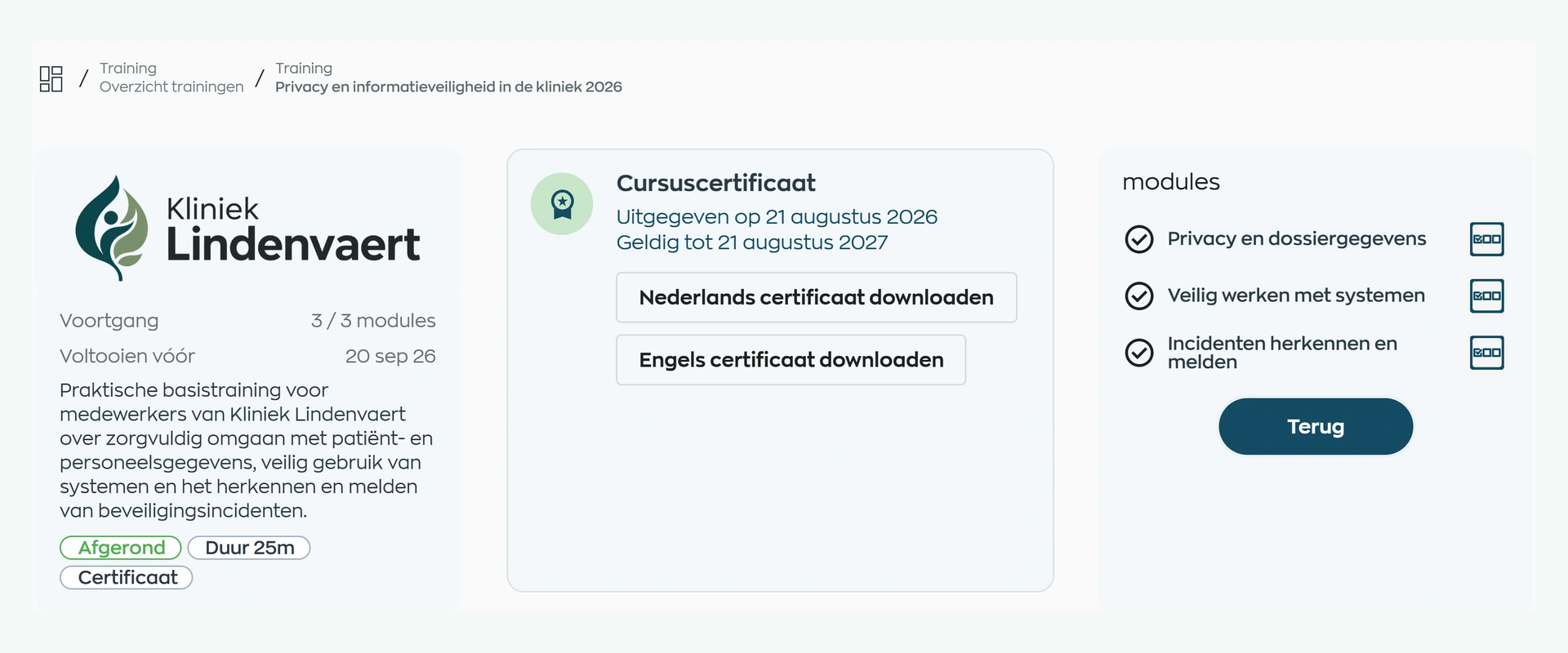 Completed privacy course with issue and expiry dates and certificates in Dutch and English