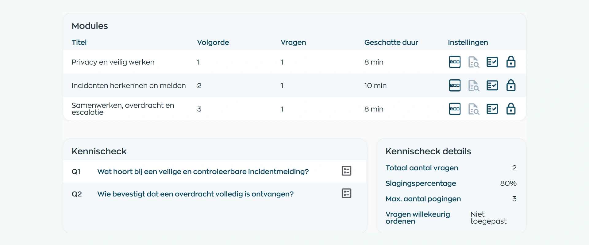 A custom WorkVine course with three learning modules and a knowledge check
