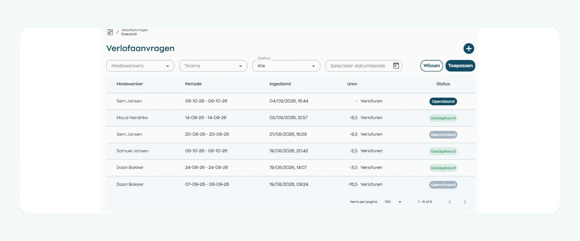 Leave request queue with employee, team, status, and period filters in WorkVine Office
