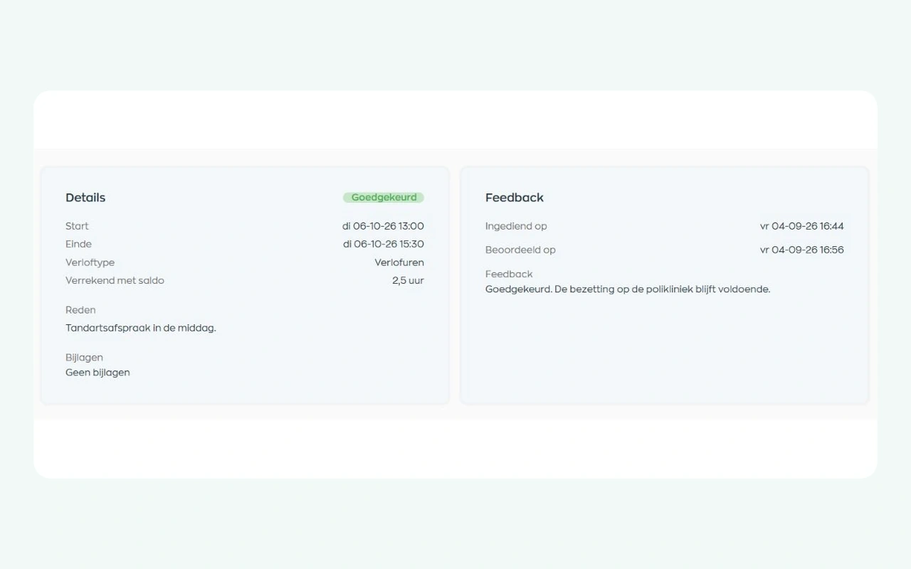Approved leave request with manager feedback and processed hours in the WorkVine Employee App