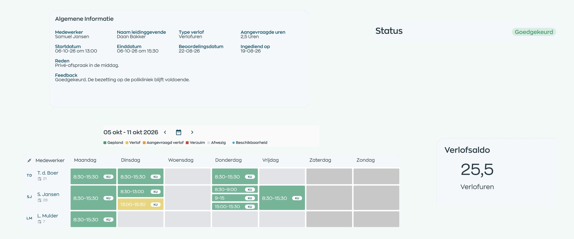 Approved leave request showing its schedule impact and updated leave balance in WorkVine