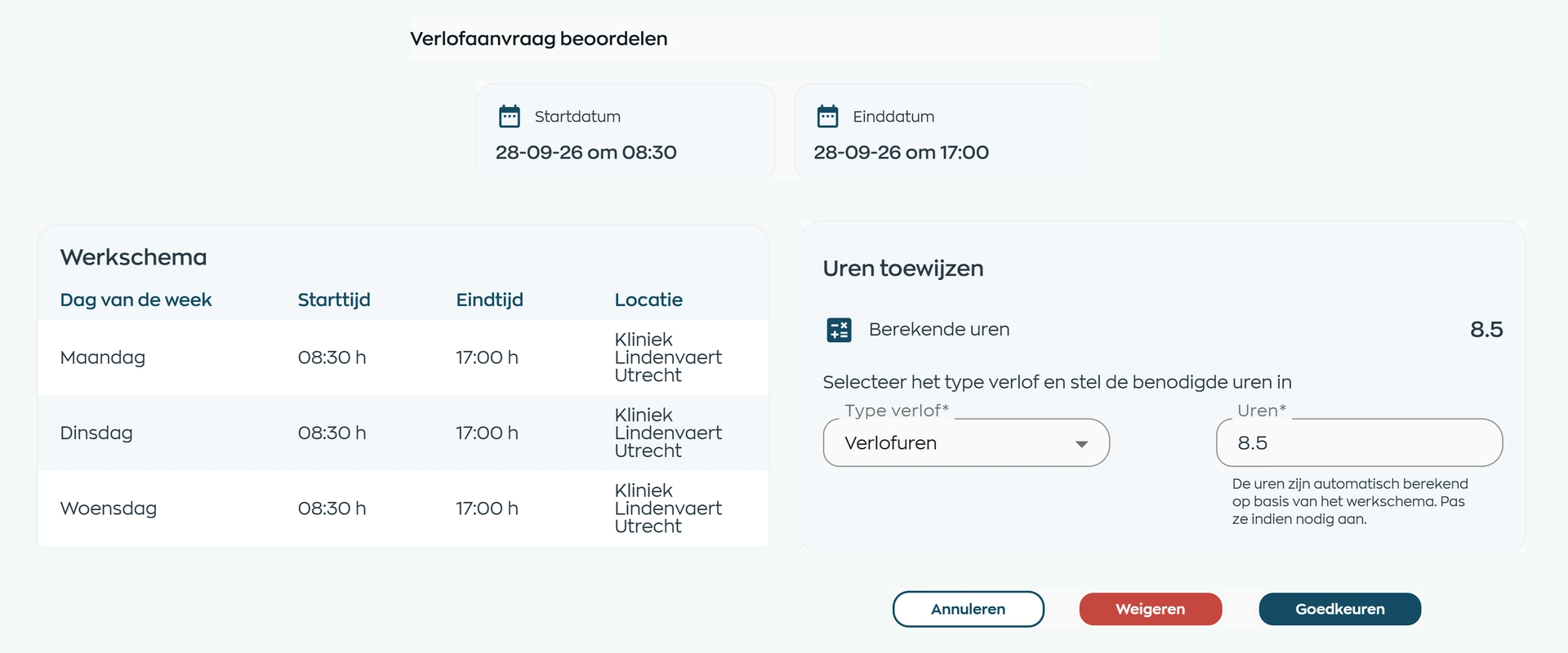 Leave request review with work schedule, proposed hours, and decision actions in WorkVine Office