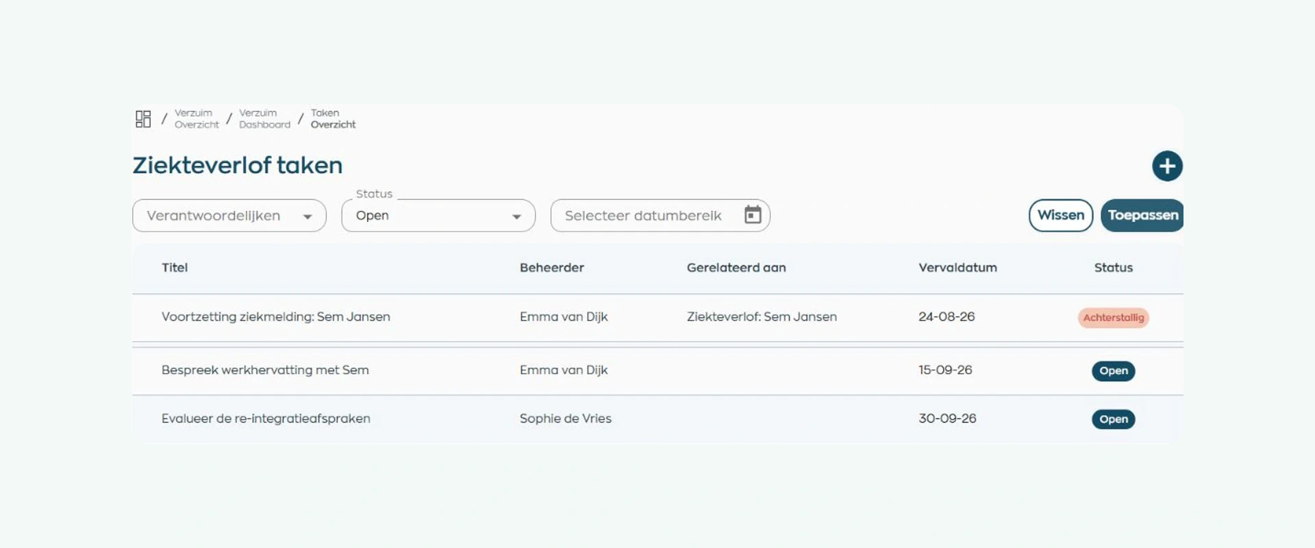 Open sick leave tasks showing assignee, due date, and status in WorkVine