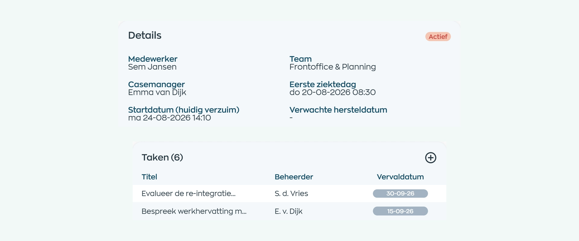 Active absence case with a case manager and open follow-up tasks in WorkVine