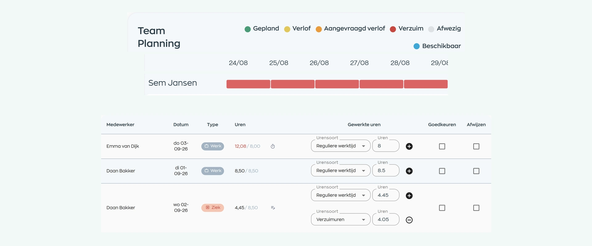 WorkVine schedule showing sick leave alongside time approval with separate absence hours