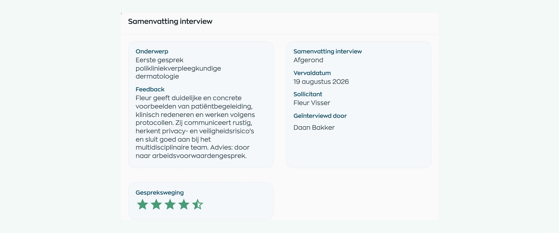 Fleur’s completed interview, showing feedback, interviewer and assessment in WorkVine