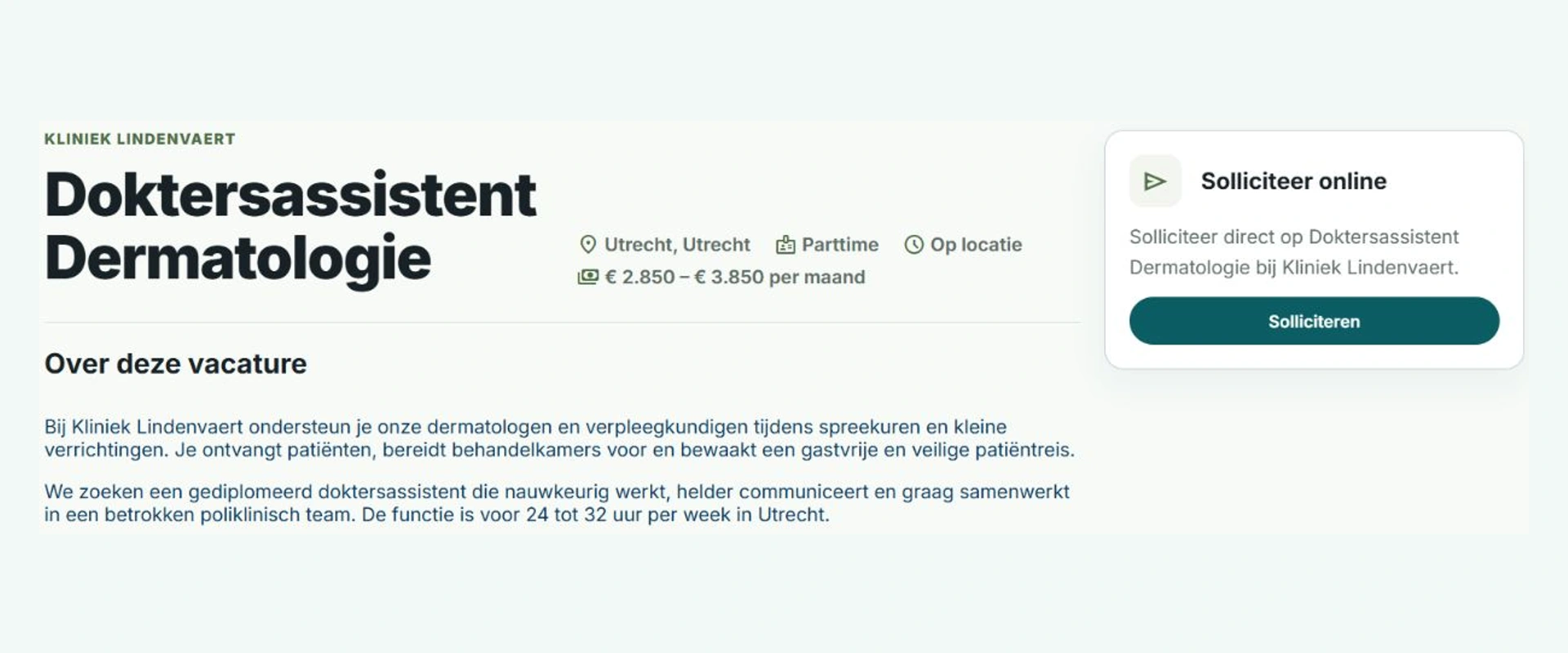 Kliniek Lindenvaert vacancy page with job details and the Apply button